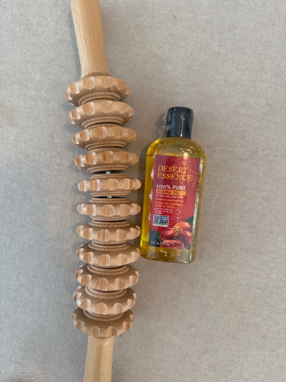 Wooden Cellulite Massage Roller + NEW Desert Essence 100% Pure Jojoba Oil Bundle